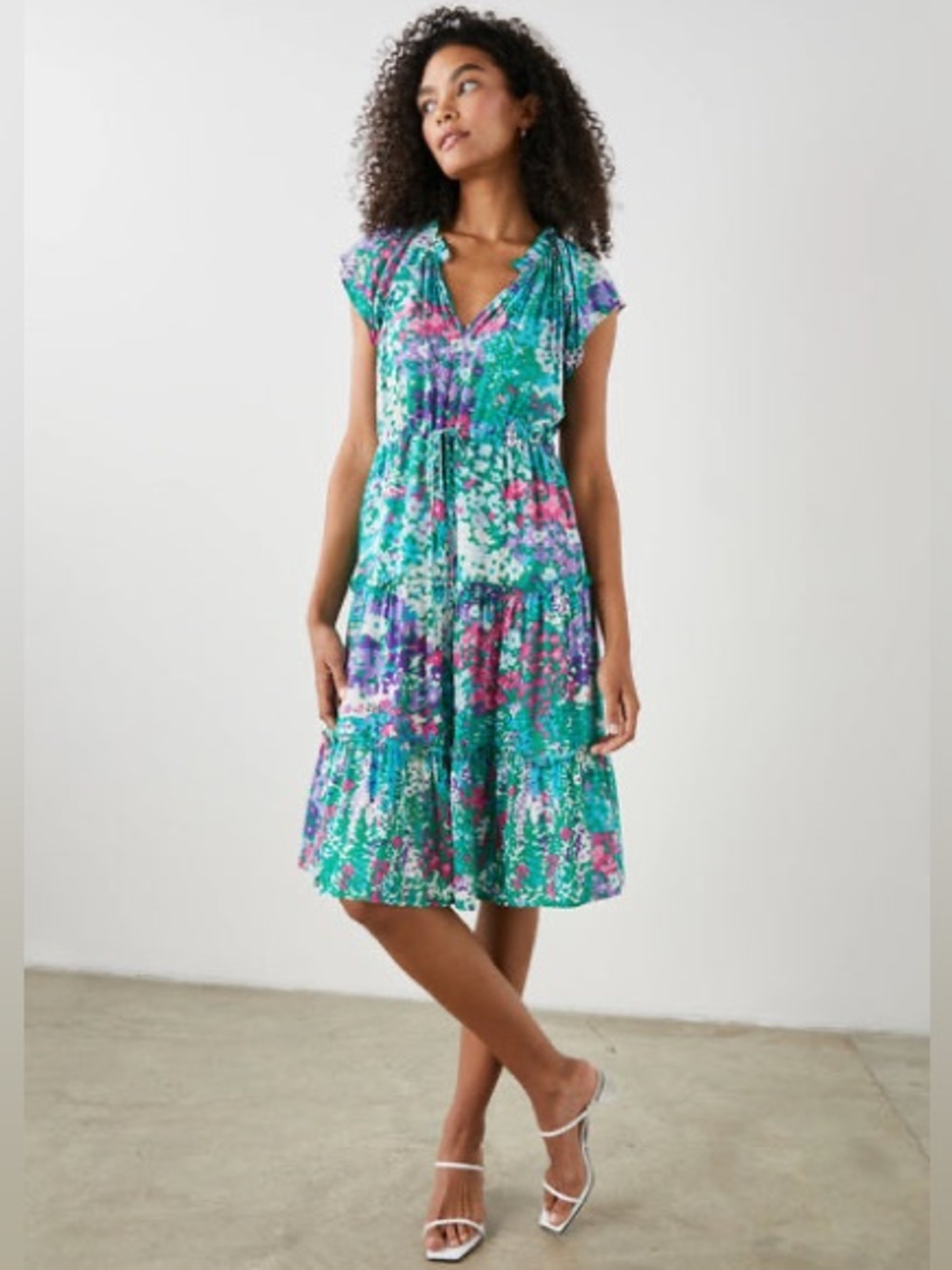 Rails Juni Gardenia Floral V-Neck Short Sleeve A-Line Midi Dress EUC Size Small